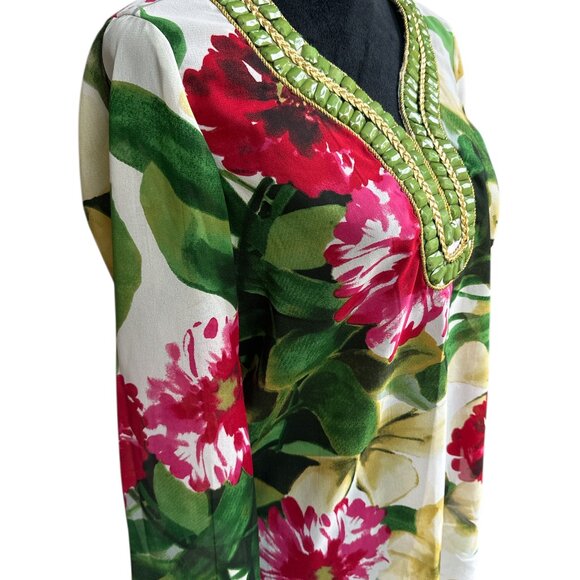 Carmen Small Sheer Green & Pink Sheer Floral 3/4 Sleeve Beaded Blouse - Picture 2 of 4